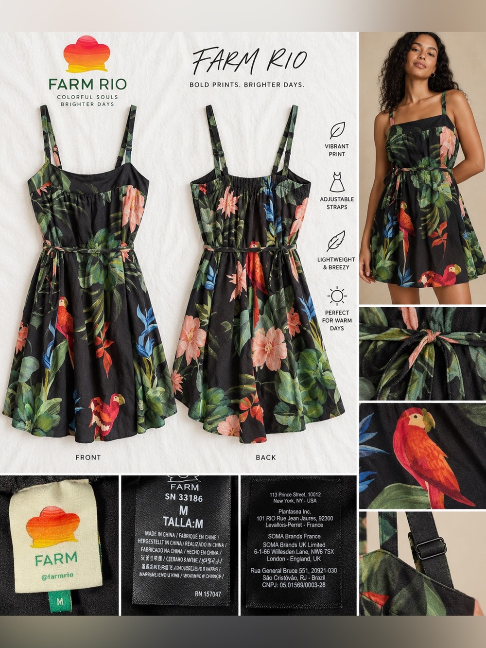 FARM Rio Tropical Parrot Floral Mini Dress Black Size M